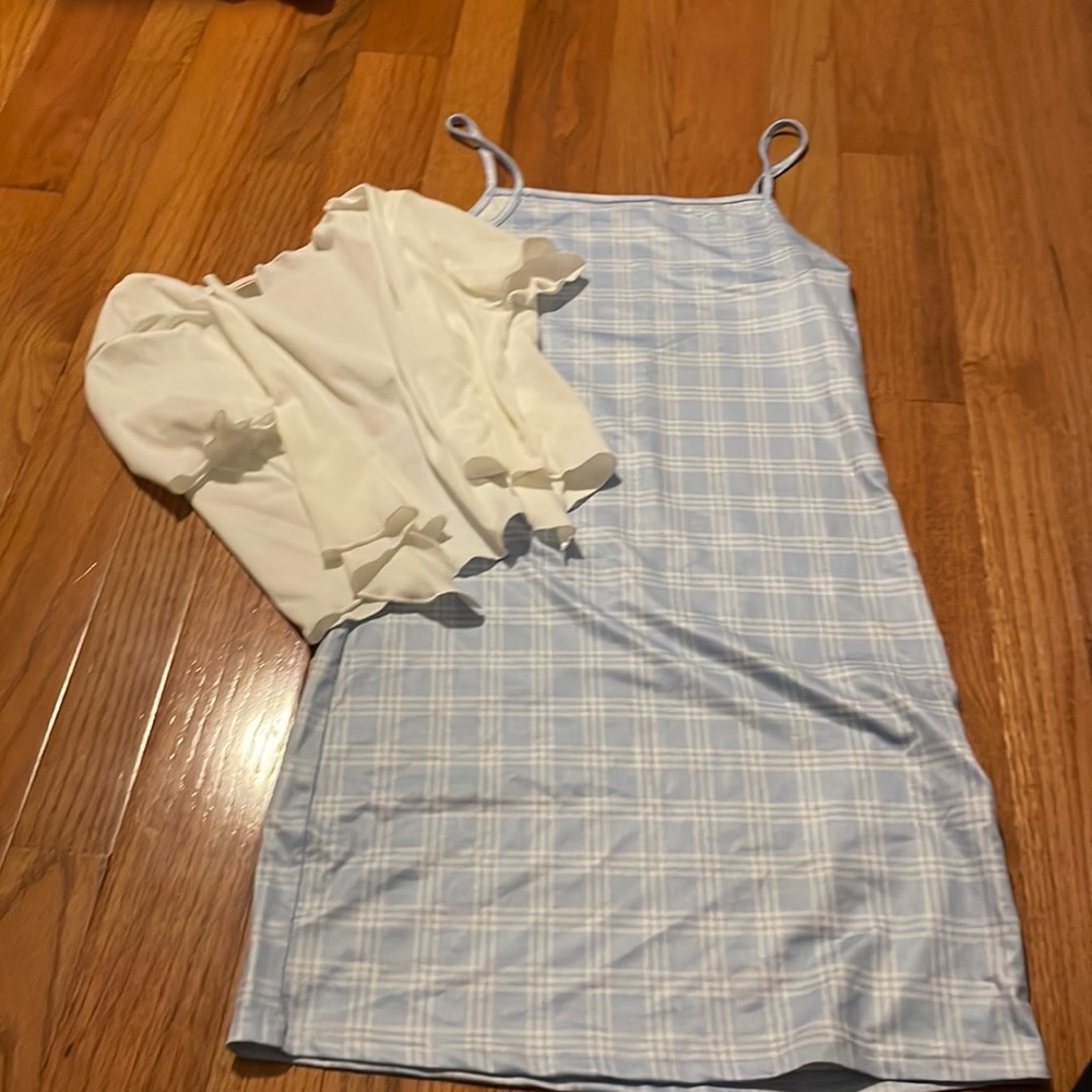 Blue plaid dress with white cardigan